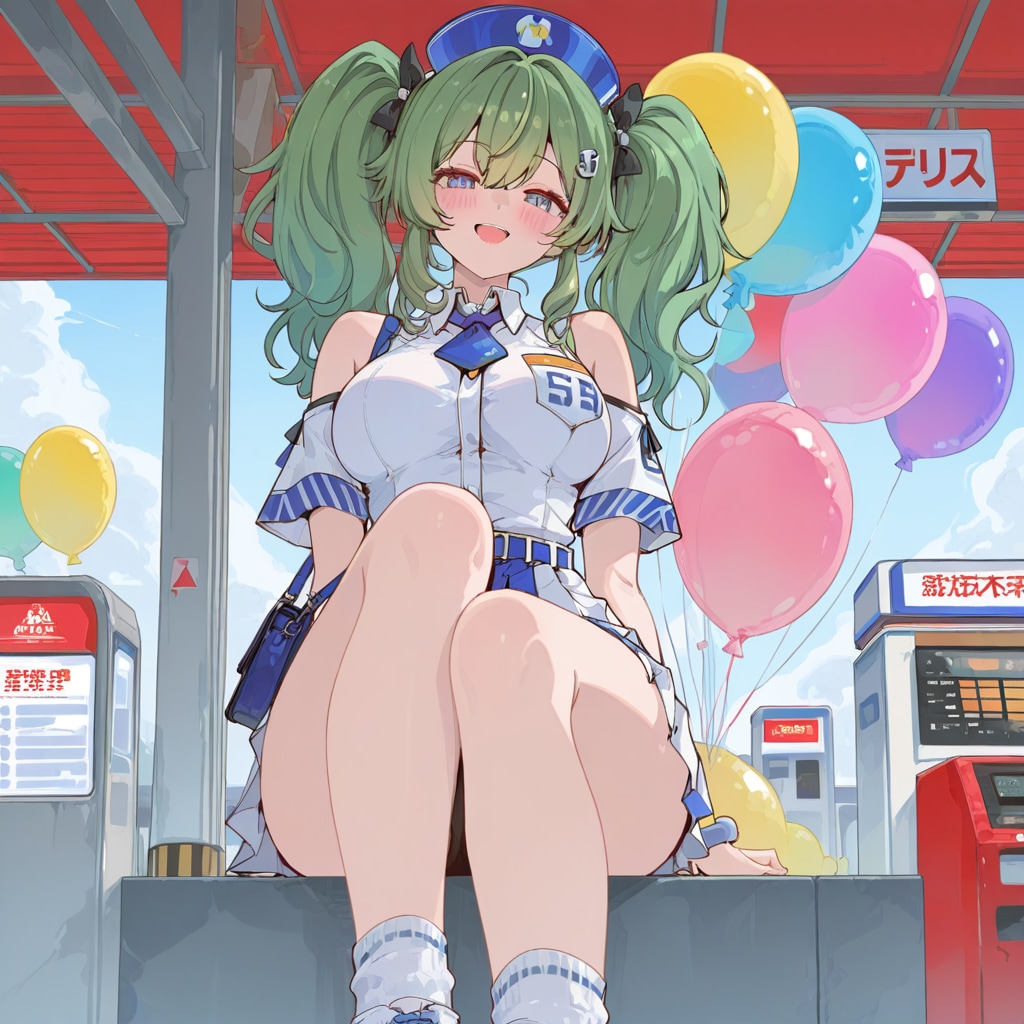 いっぱい色とりどりの風船を持つ緑髪ツインテールのガソリンスタンドの美女店員さん