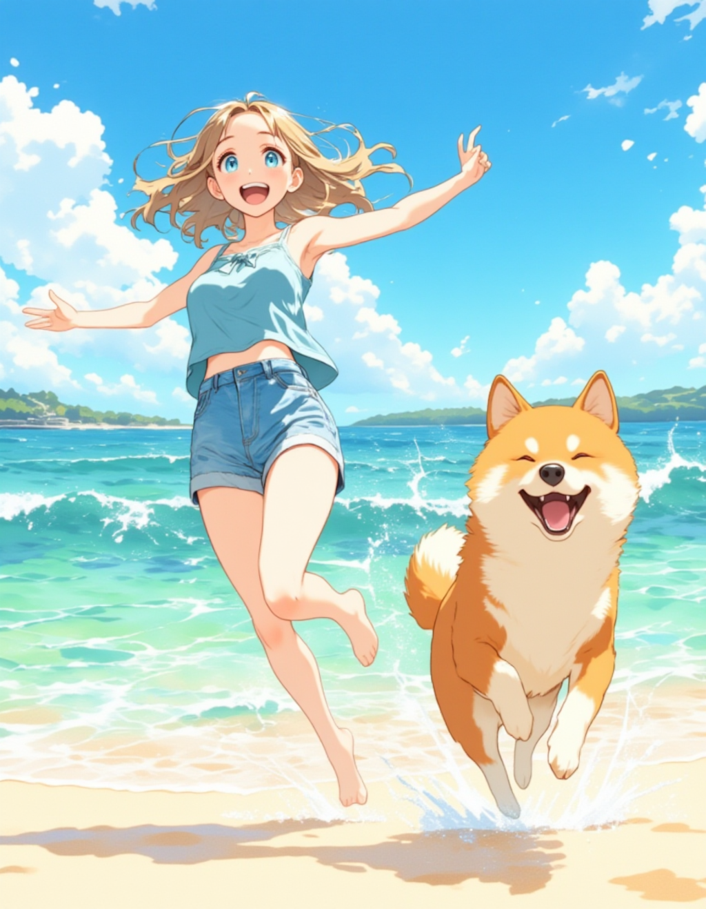 海辺でのイヌと楽しいひととき