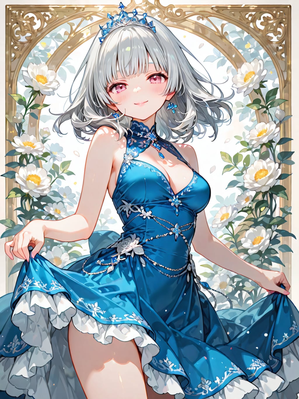 青いドレスと白い花