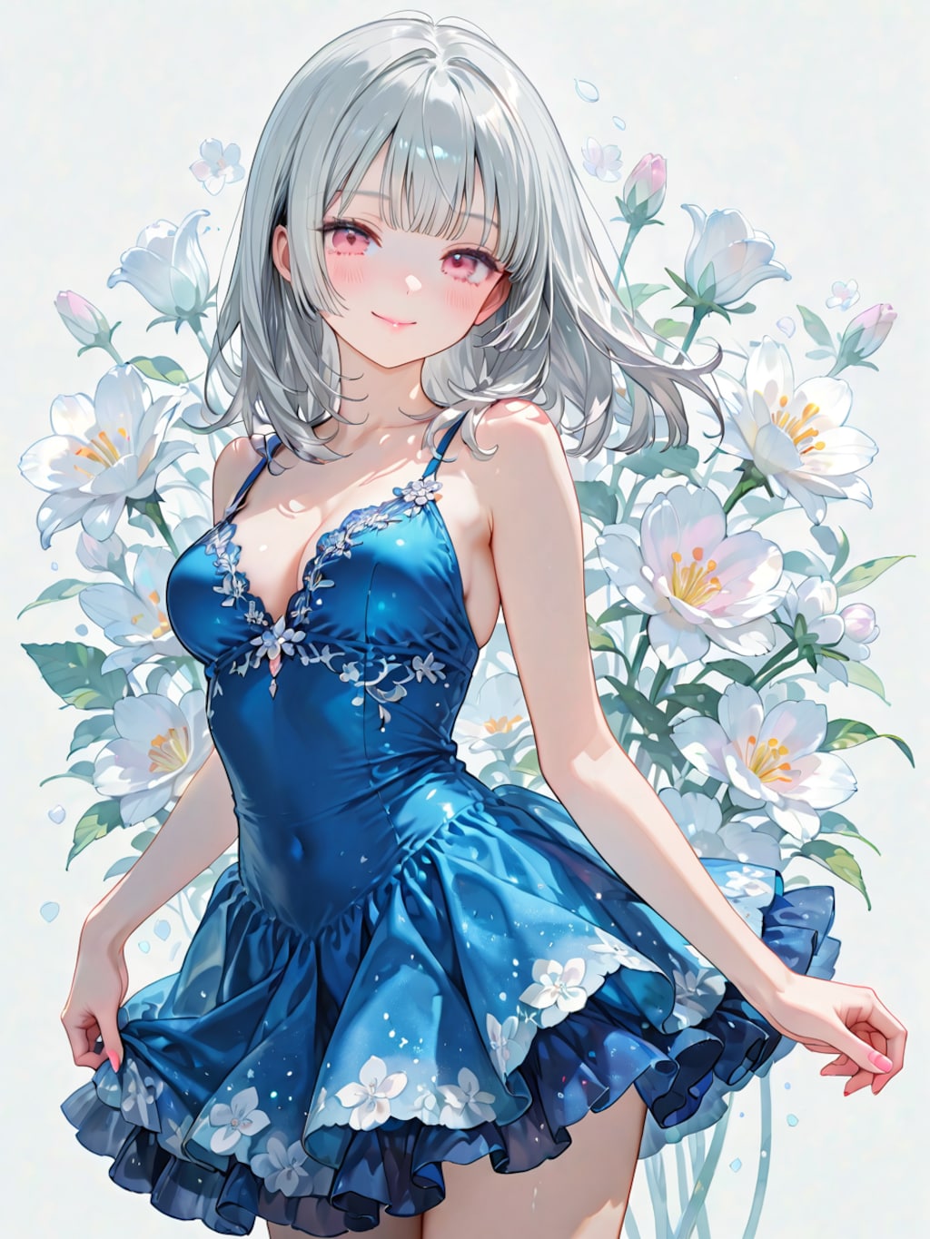 青いドレスと白い花