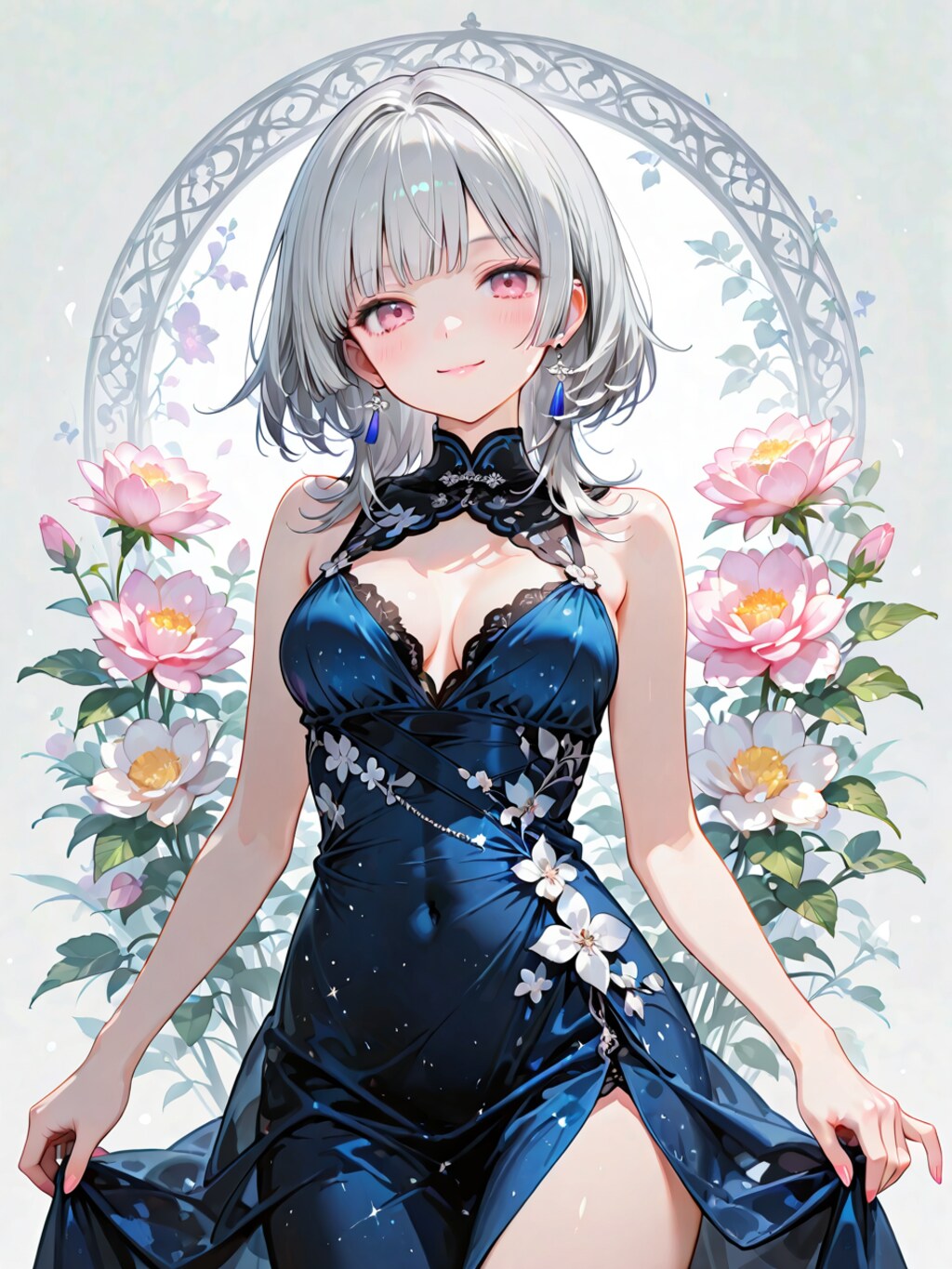 青いドレスと白い花