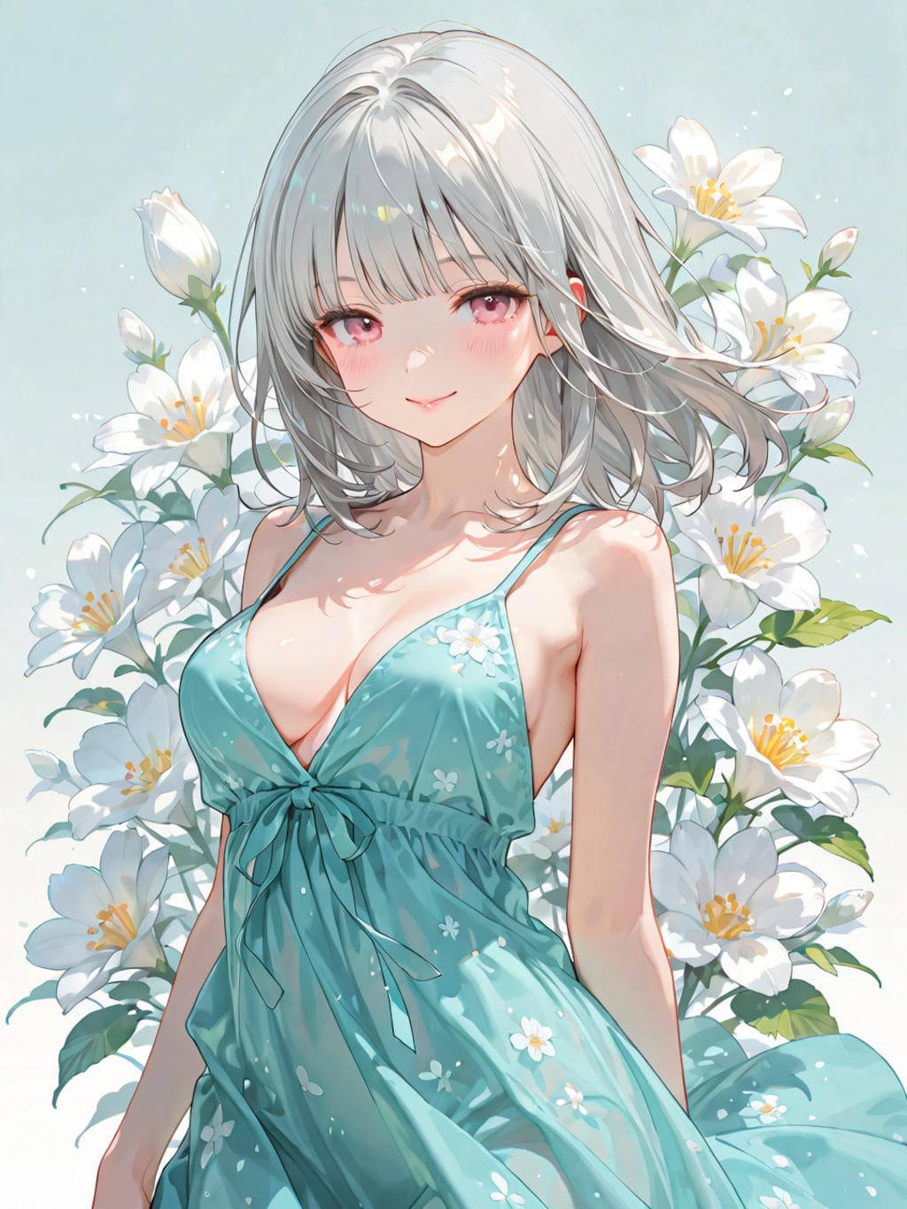 青いドレスと白い花