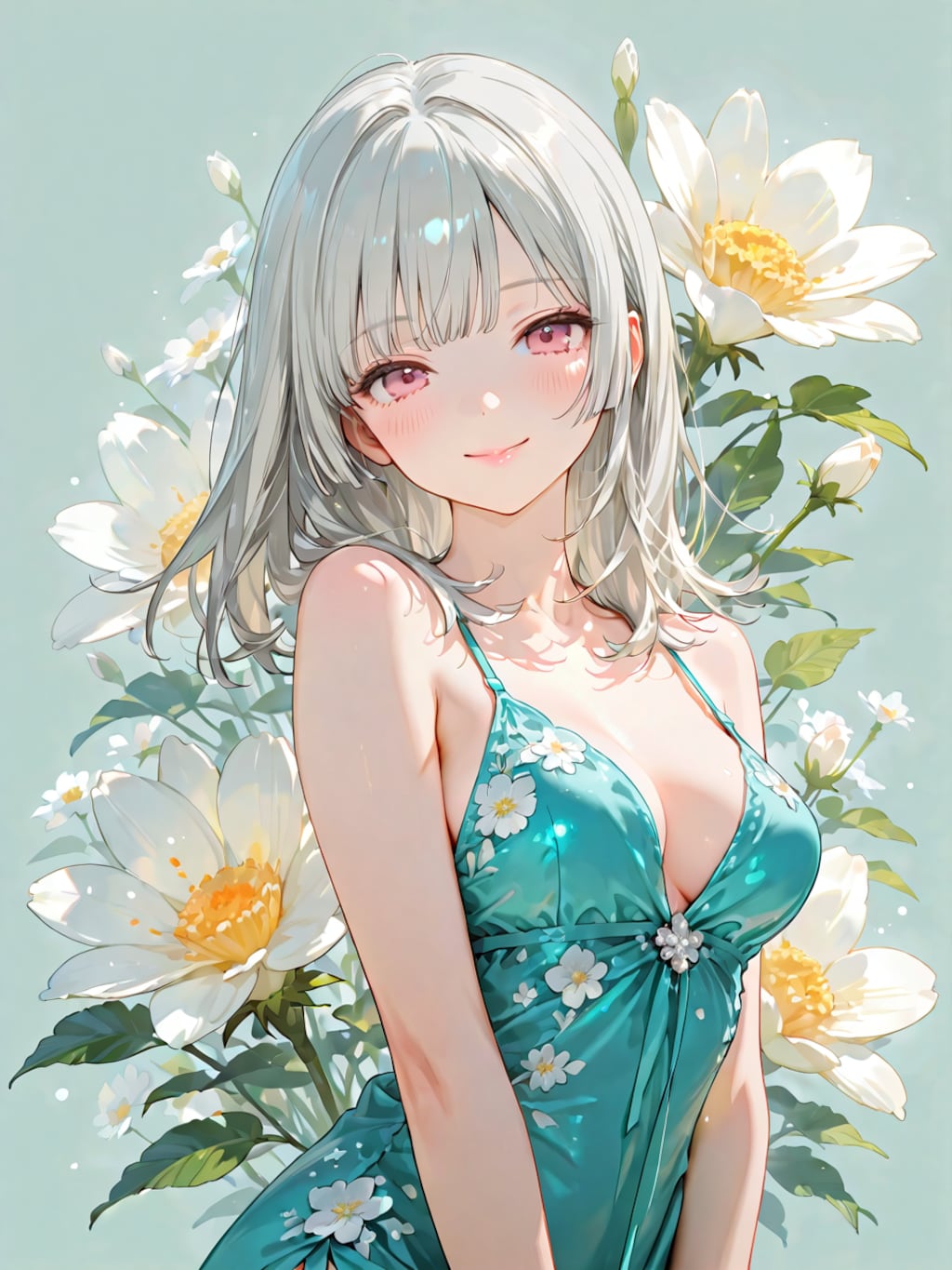 青いドレスと白い花