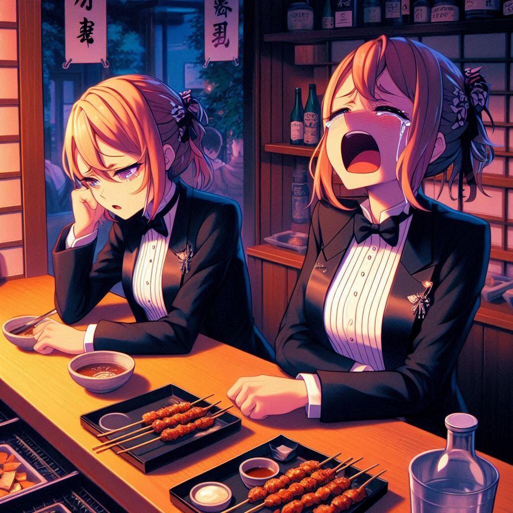 タキシードで食事中の双子の姉妹がジト目でかわいそかわいい。