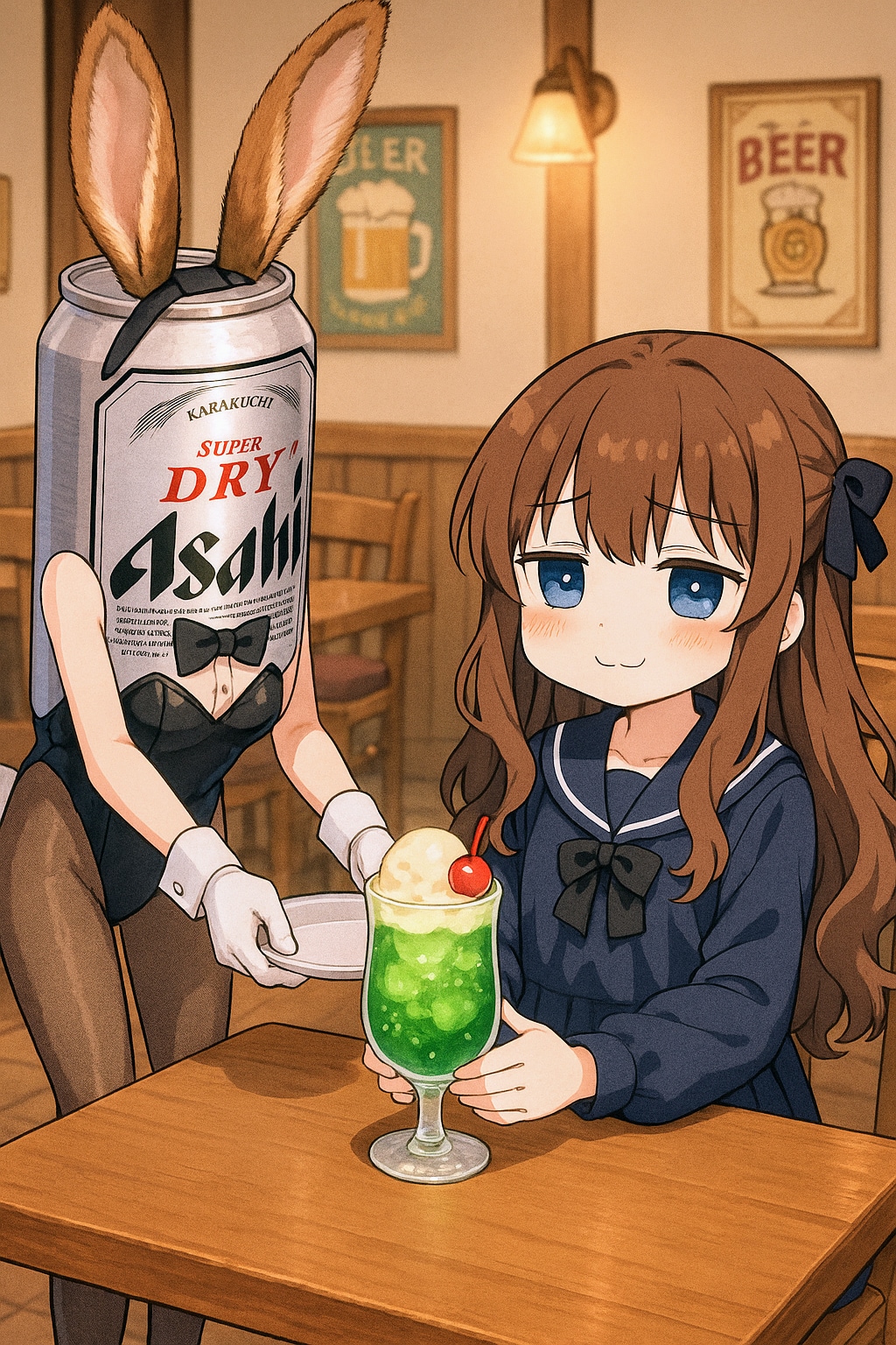 バニーガールのビール缶と小さな女の子