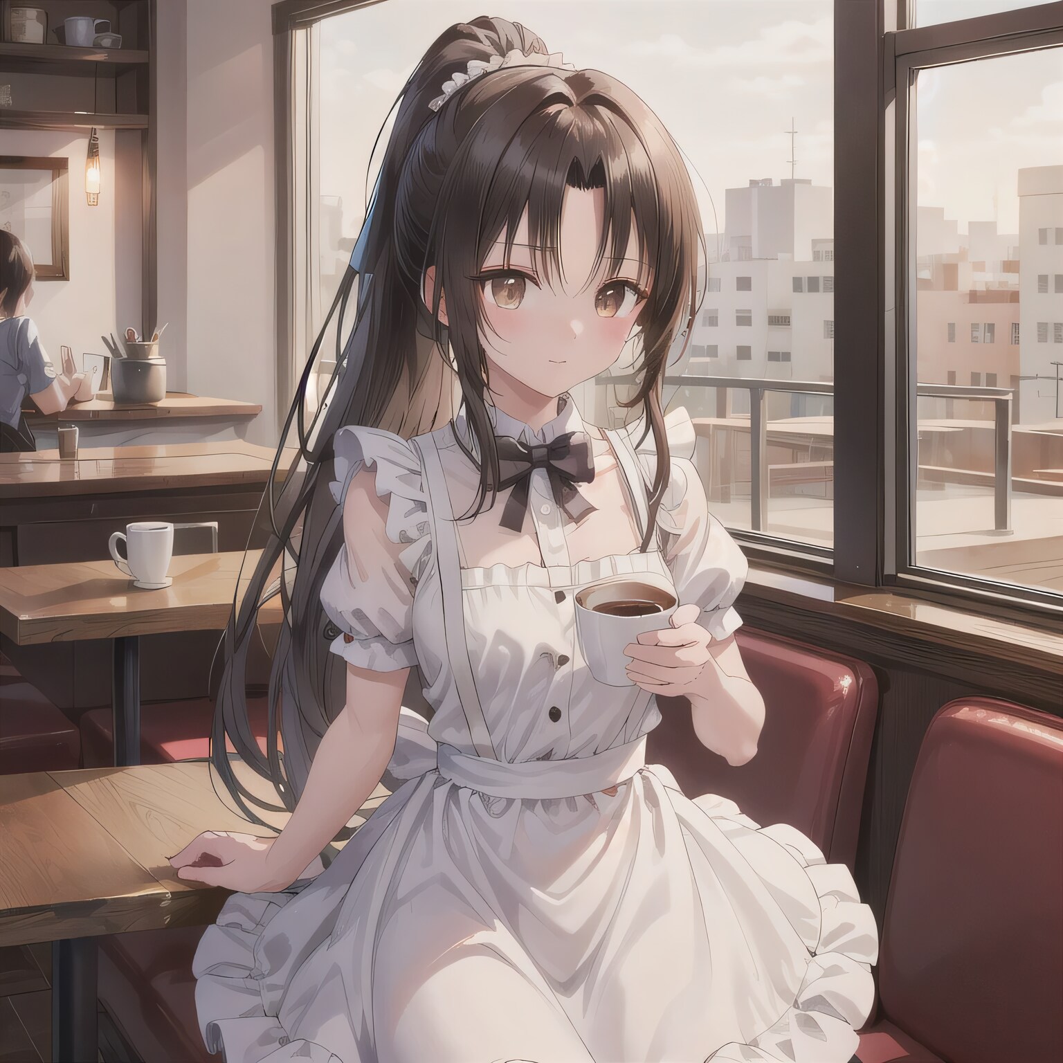 黒髪ポニテでカフェの少女 | の人気AIイラスト・グラビア