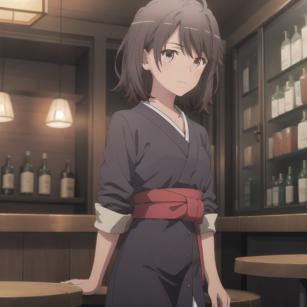 黒髪ボブでバーメイドの少女