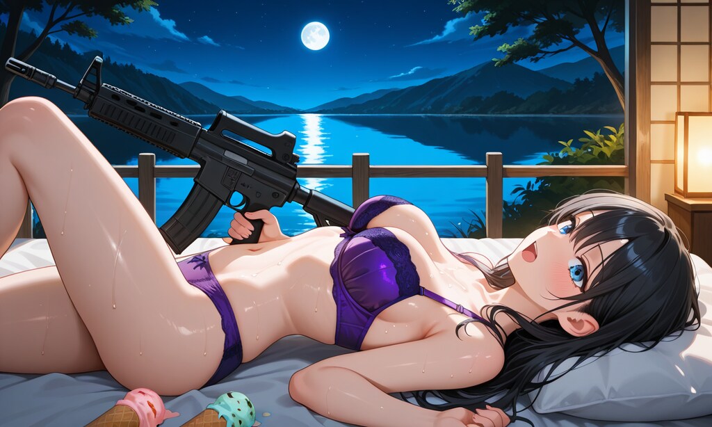 紫下着の葵さんと夜の湖畔で