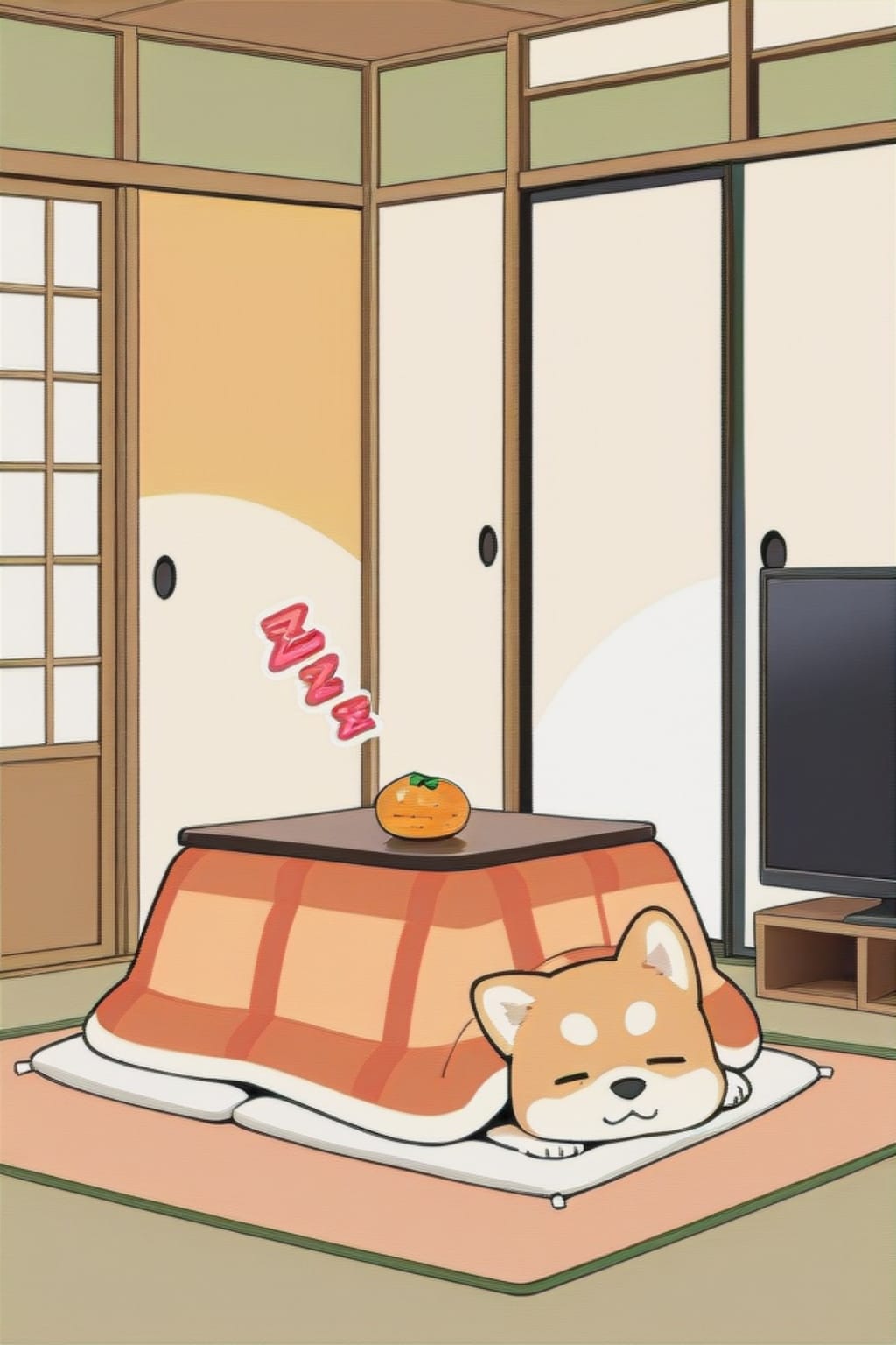 柴犬とこたつとみかん