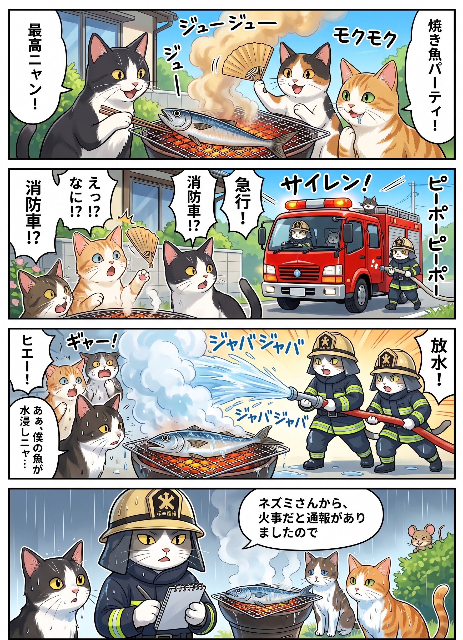 猫さんが焼き魚パーティをしていたら、消防車が…… | の人気AIイラスト・グラビア