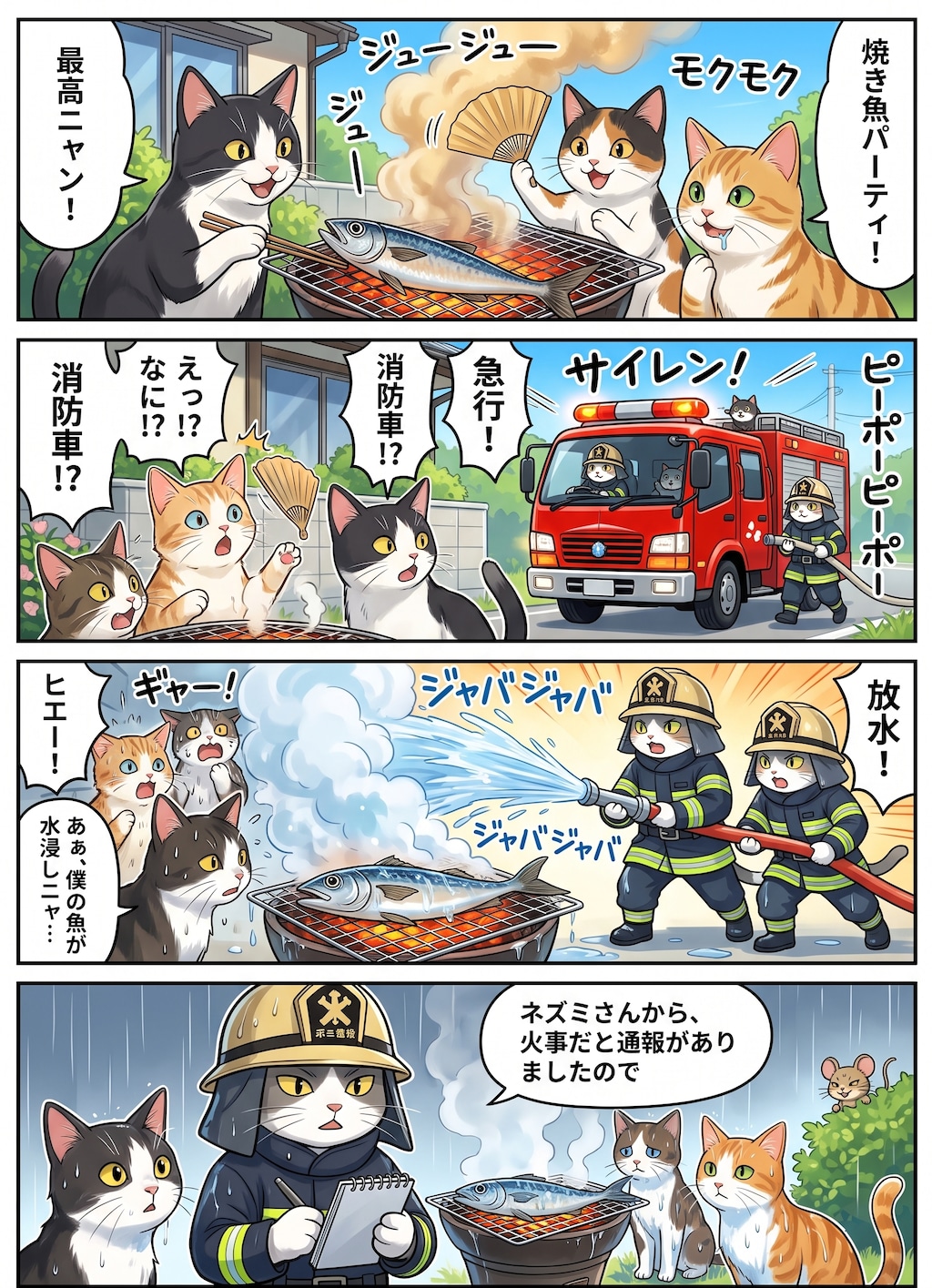 猫さんが焼き魚パーティをしていたら、消防車が……