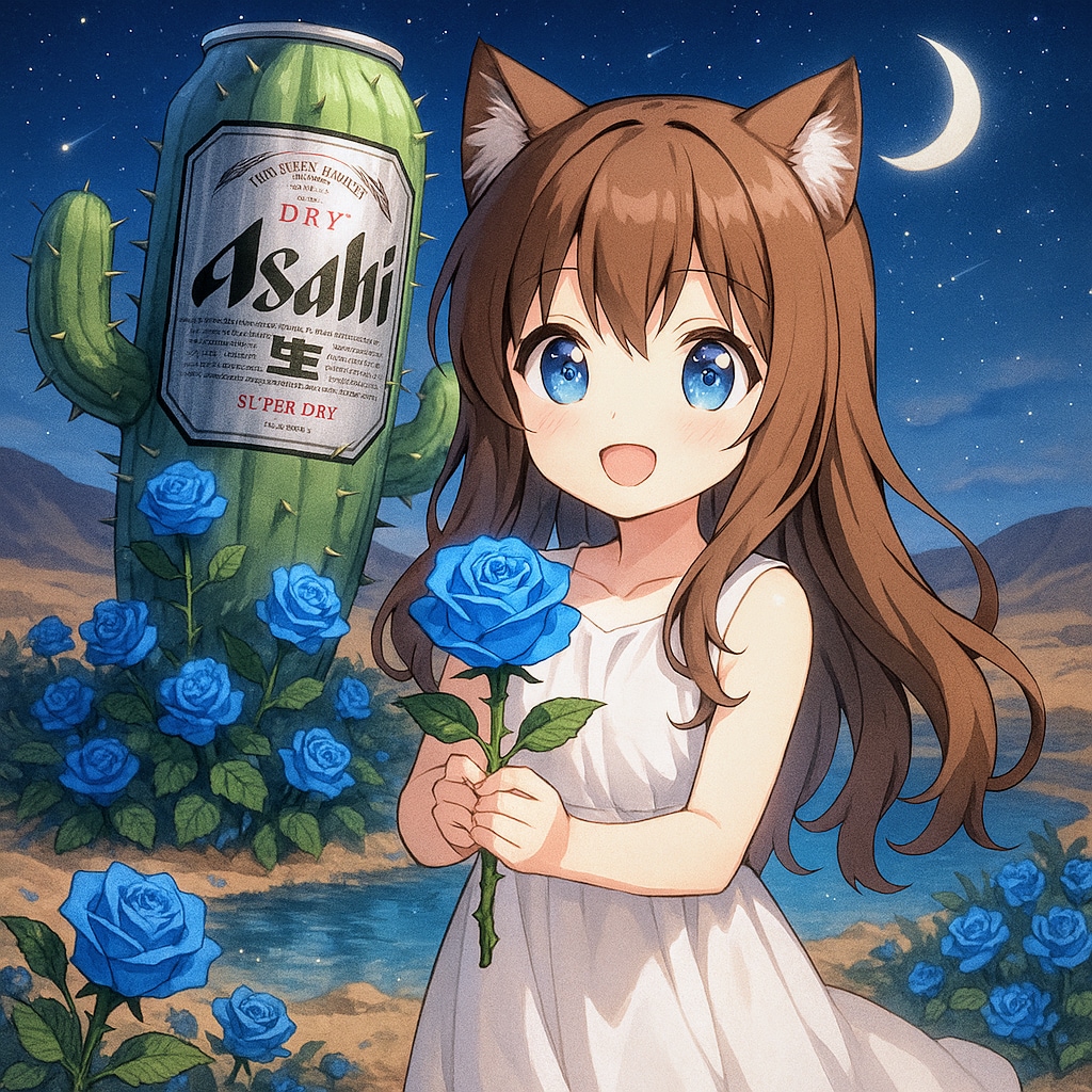 砂漠のオアシスで青い薔薇を持つ小さな女の子