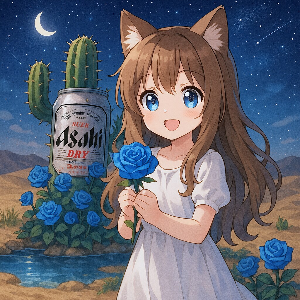 砂漠のオアシスで青い薔薇を持つ小さな女の子