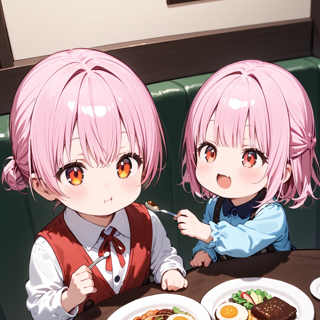 レストランでハンバーグ食べるちびっこ。