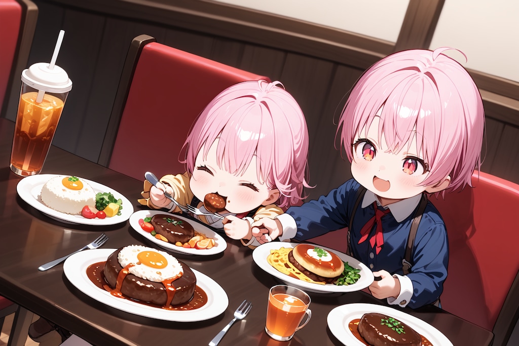 レストランでハンバーグ食べるちびっこ。