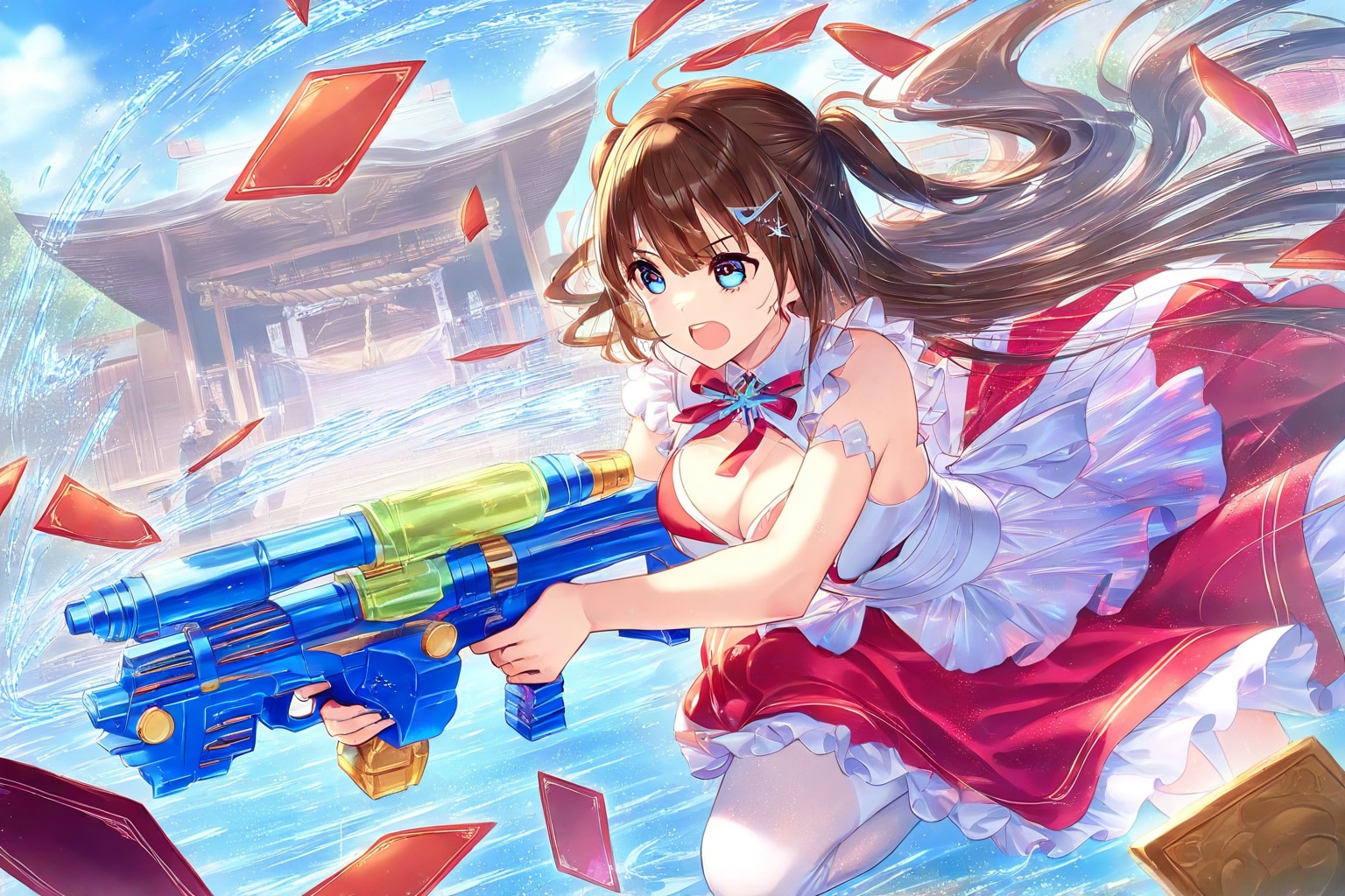 神社主催！水鉄砲大会『赤紙を撃て』告知ポスター | の人気AIイラスト・グラビア