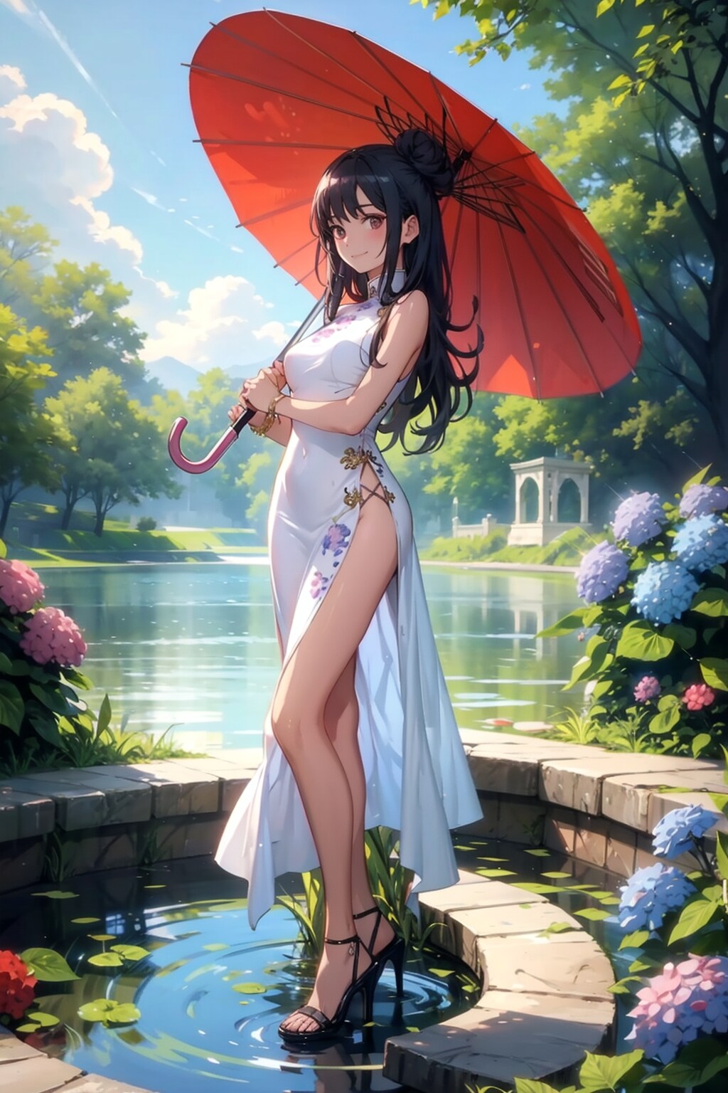 チャイナドレスで水辺の散歩
