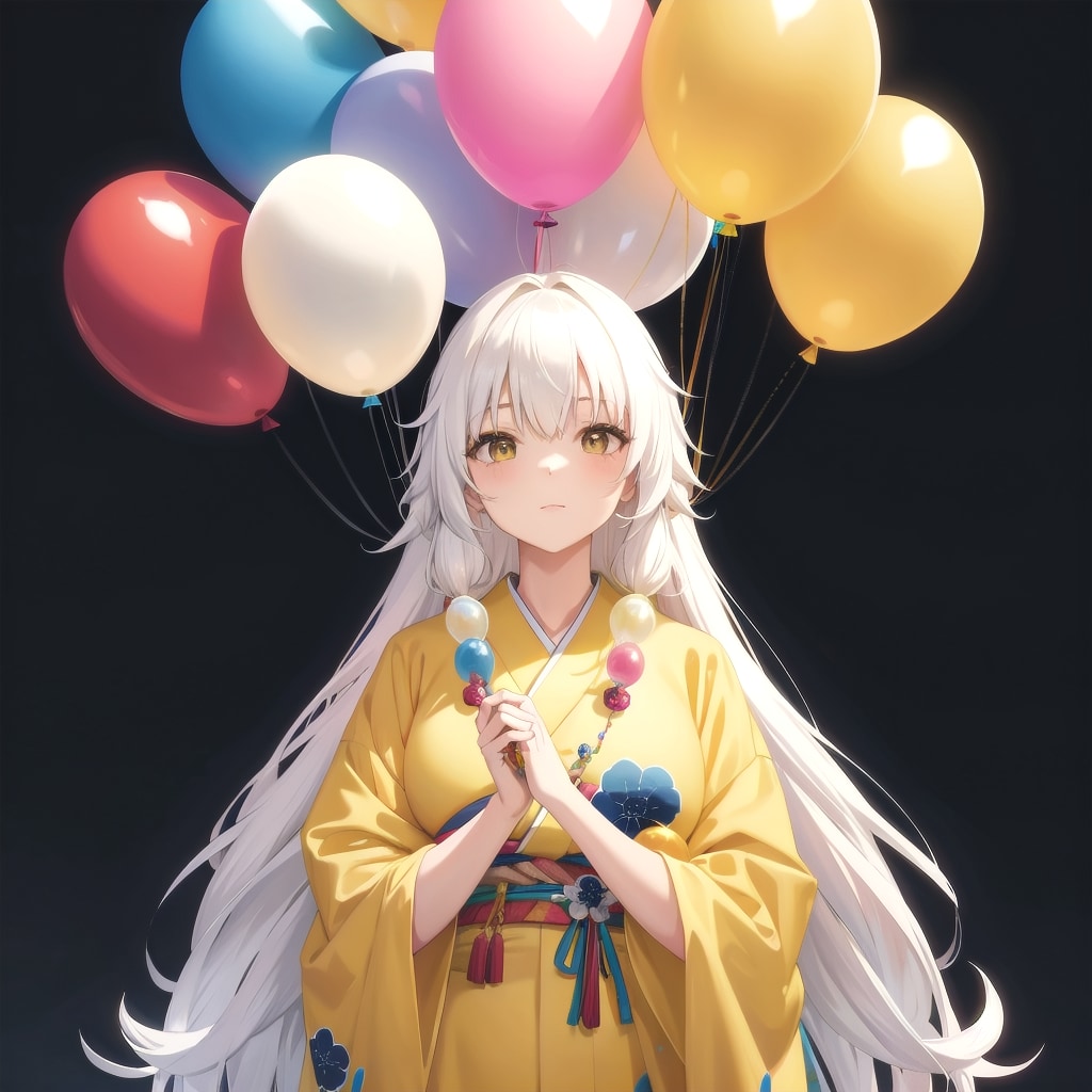 いっぱい色とりどりの風船を持つ白い髪ロングの黄色の着物着た美女 | の人気AIイラスト・グラビア