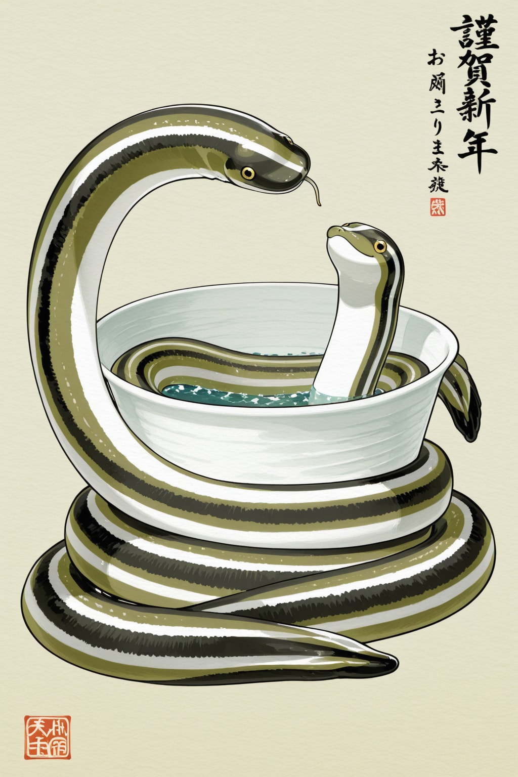 日本画で描く「北海道のシマエナガ」(pui英訳ではシマエナガはシマヘビらしい)