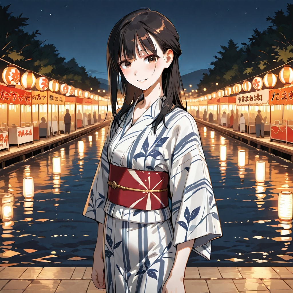 夏夜川辺の少女