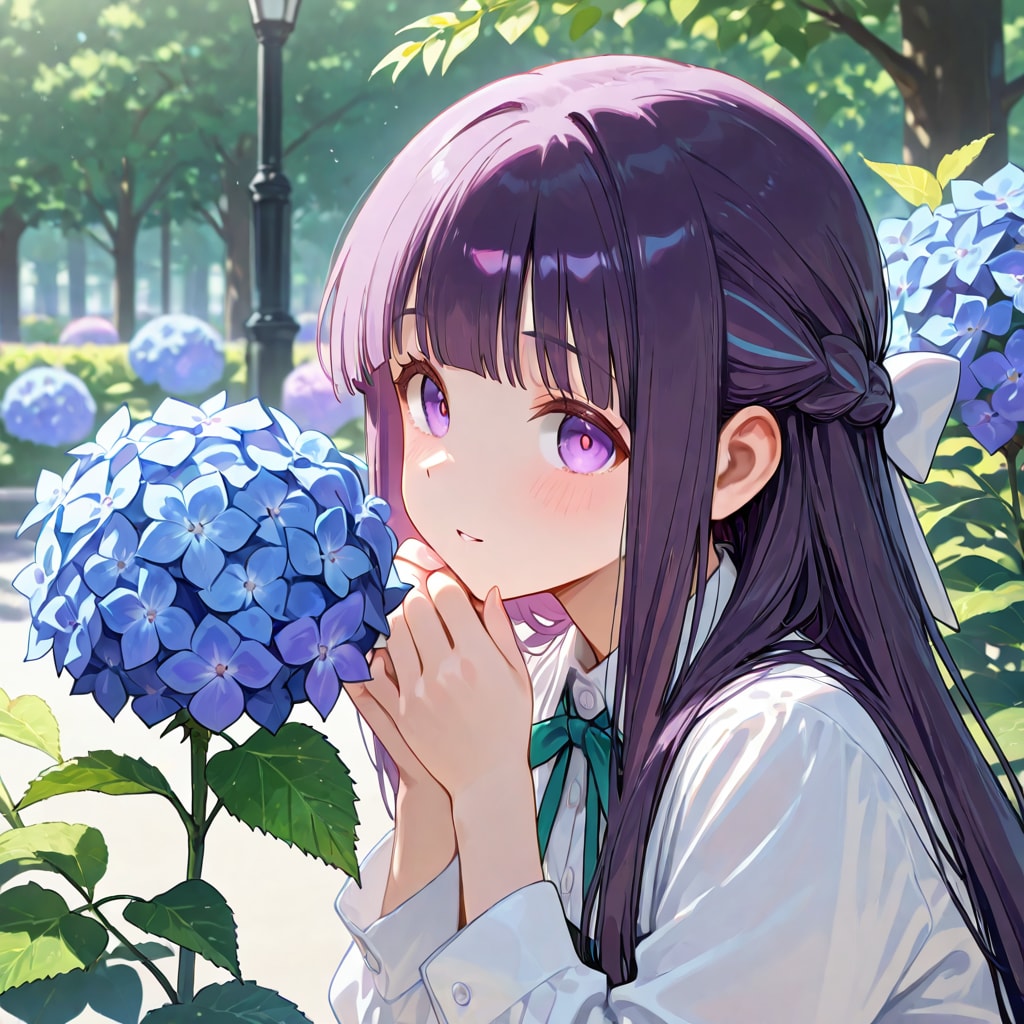 紫陽花が咲く公園でフェルンと