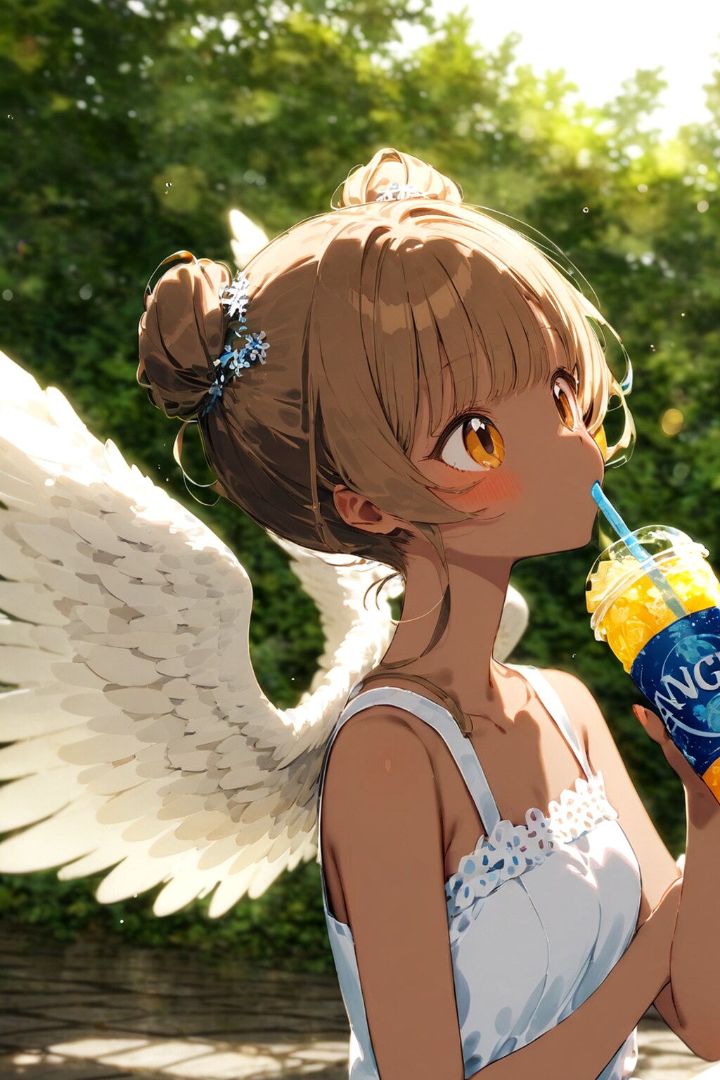 冷たい飲み物を飲んでいる褐色の天使 | の人気AIイラスト・グラビア