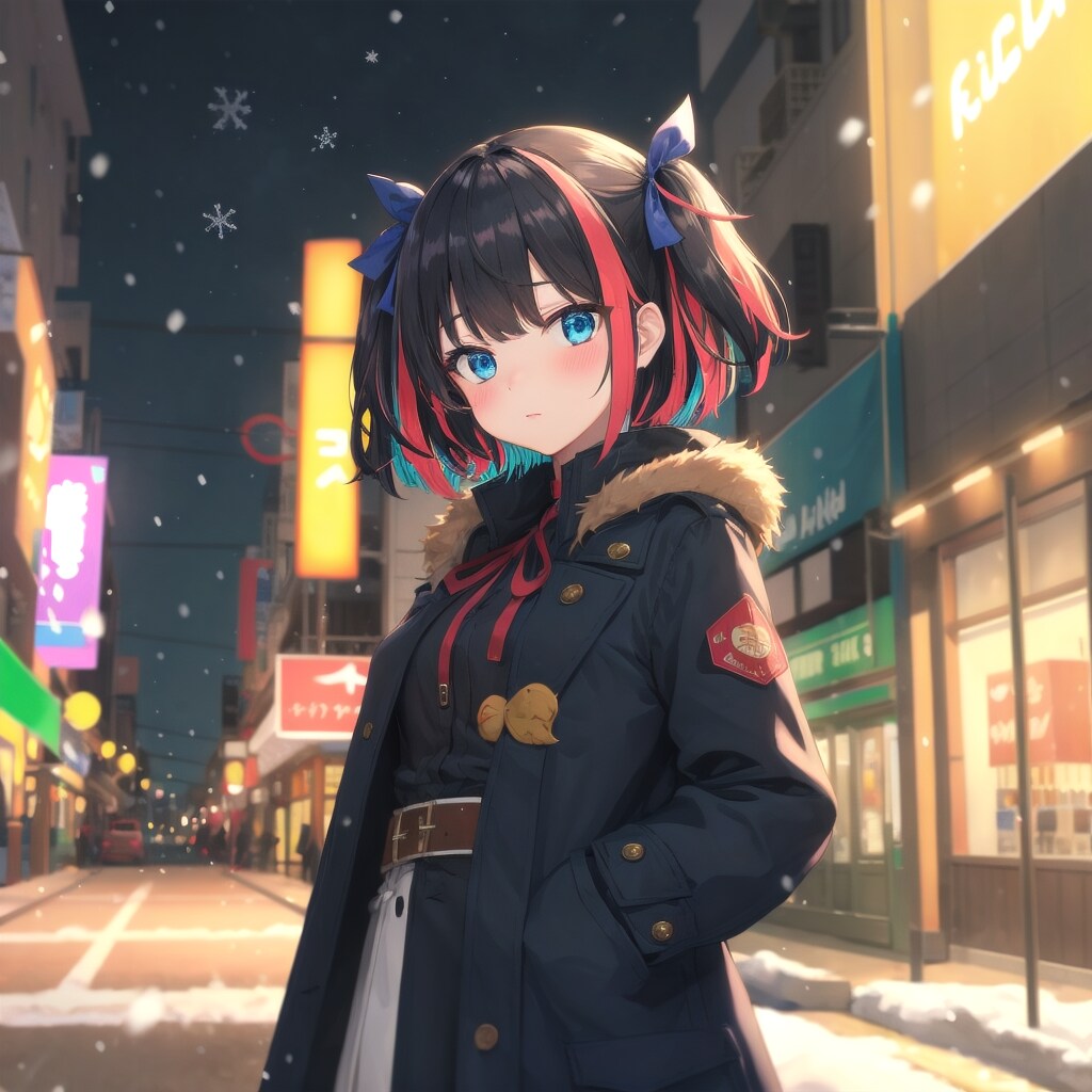 夜の街とコートのリボン