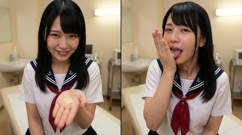 セーラー服で手のひら精子をゴックン