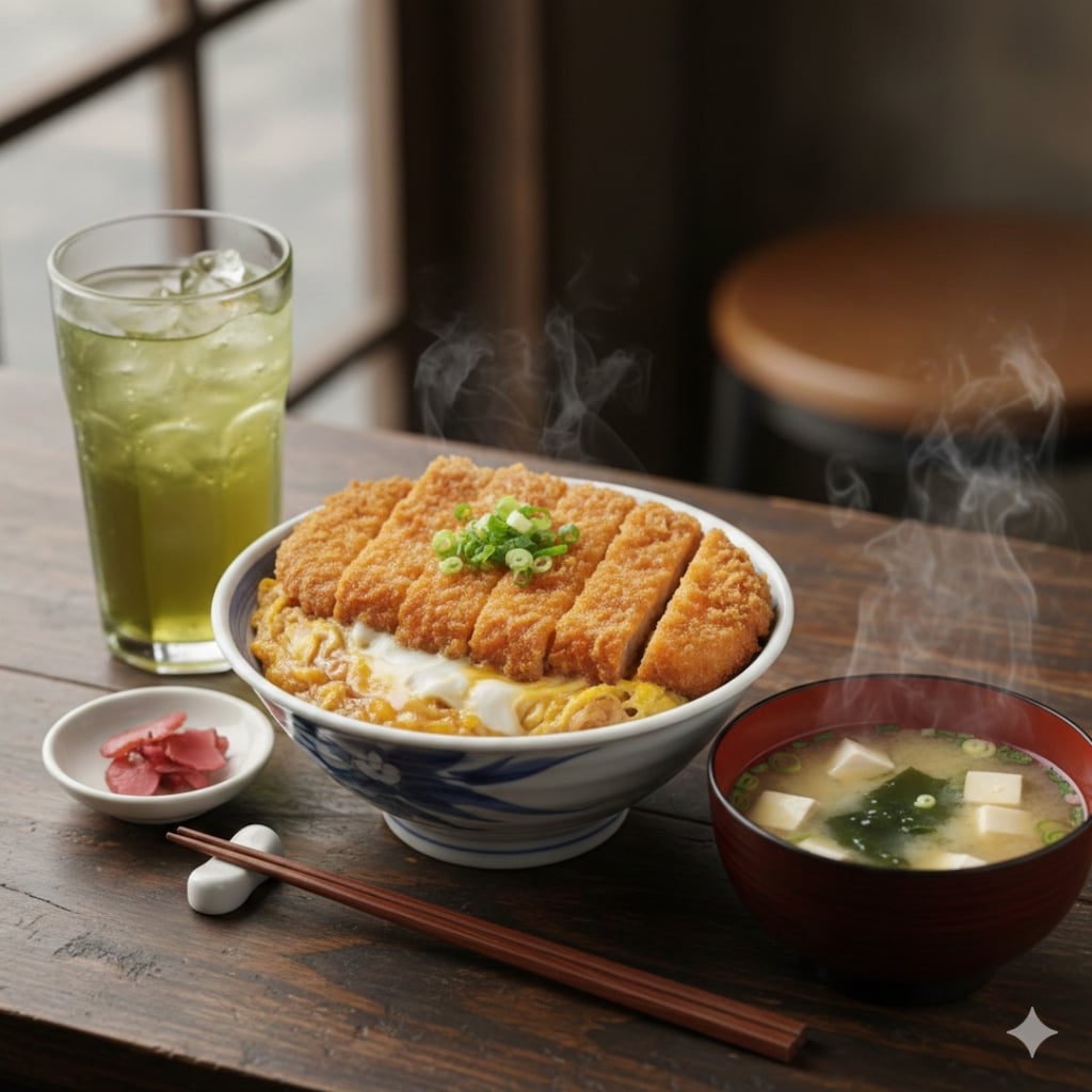 【昼食】カツ丼、味噌汁、緑茶