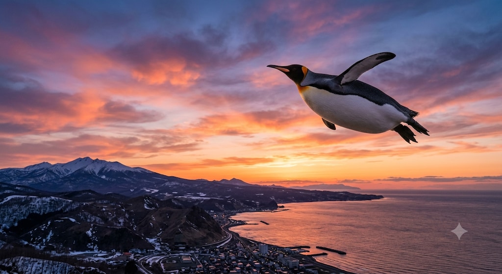 夕方の空を散歩するペンギン