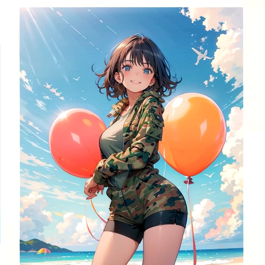 2つ巨大風船を持つブラウンショートカットの迷彩服着た美女 | の人気AIイラスト・グラビア
