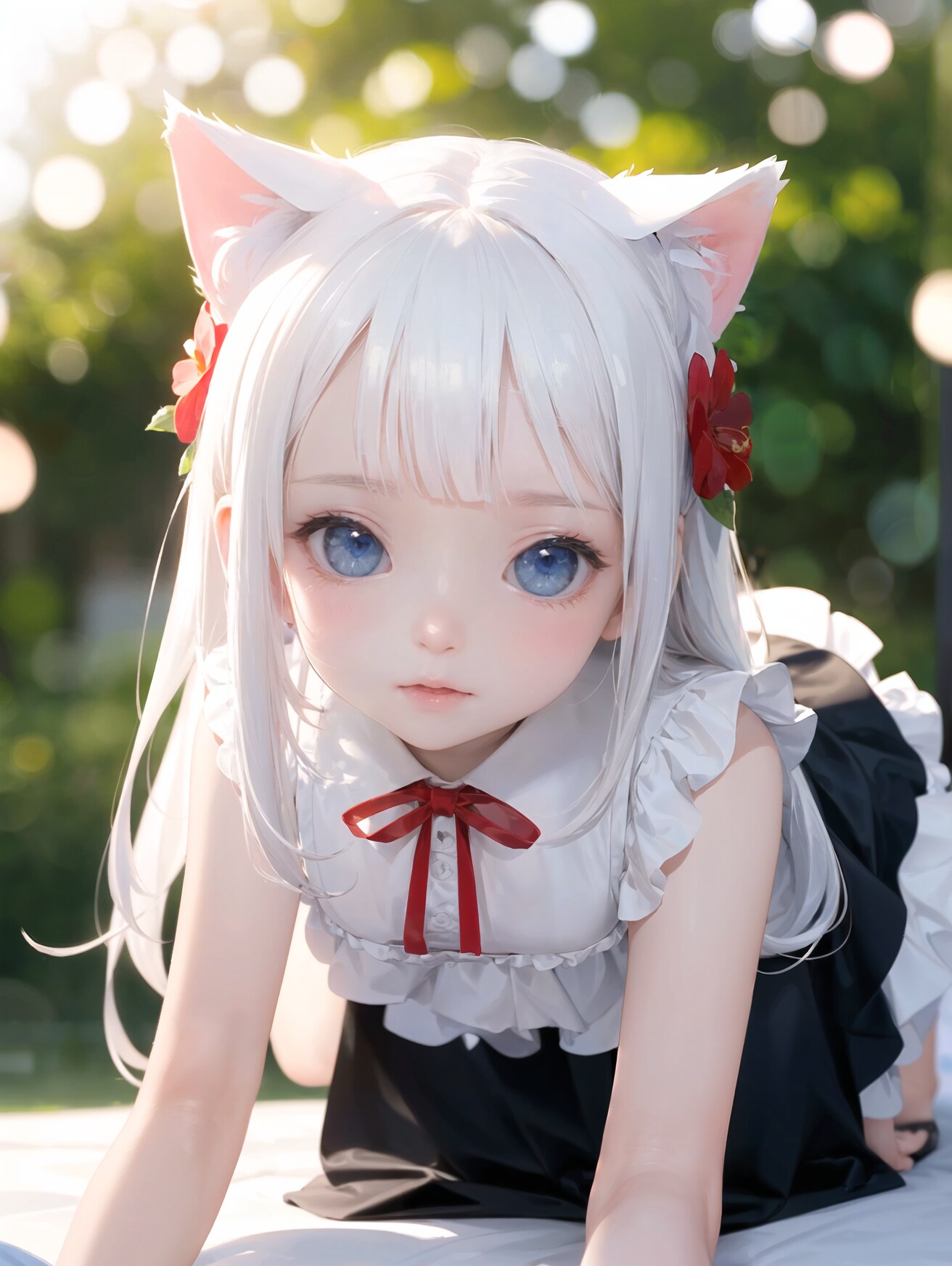 白猫,座り,フラワーガーデン