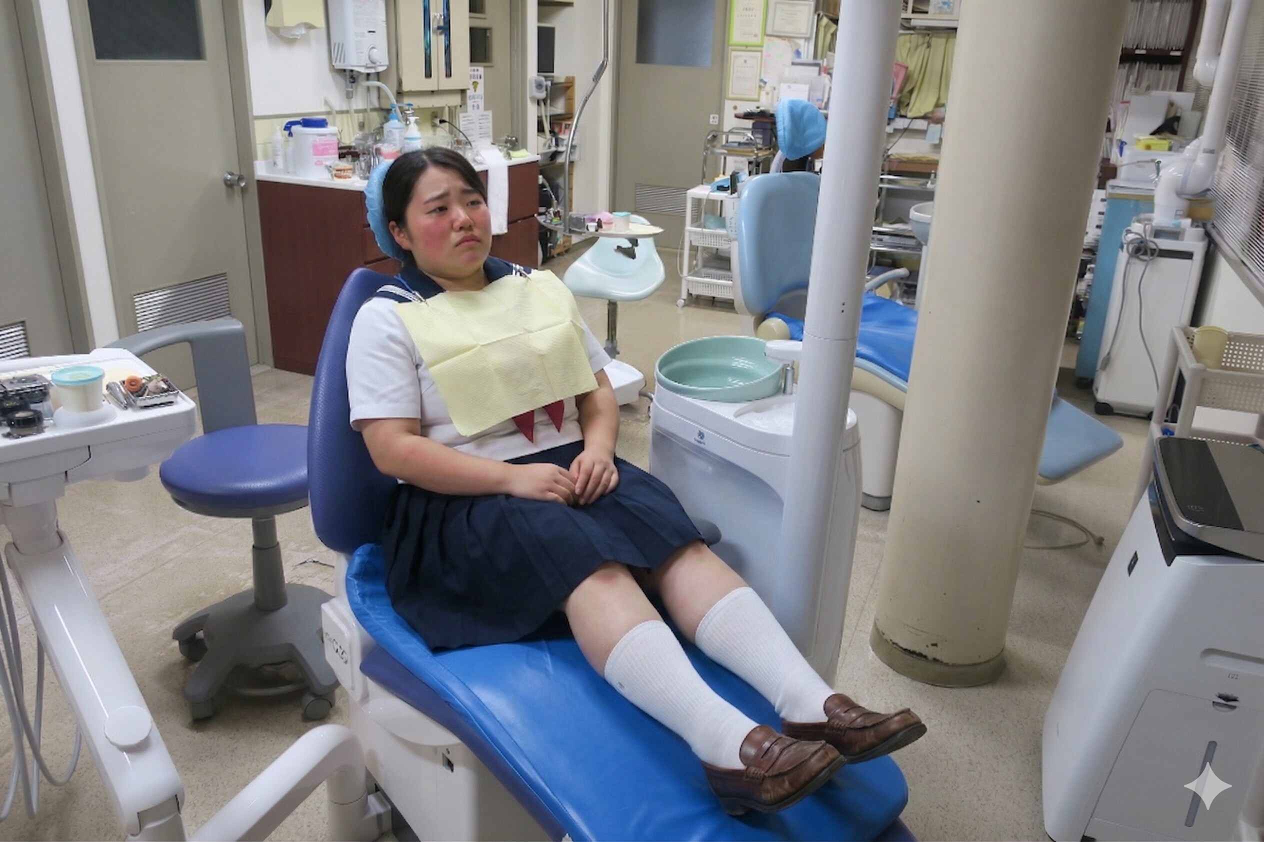 田舎の歯科医院で緊張して治療を待つ女子高生①