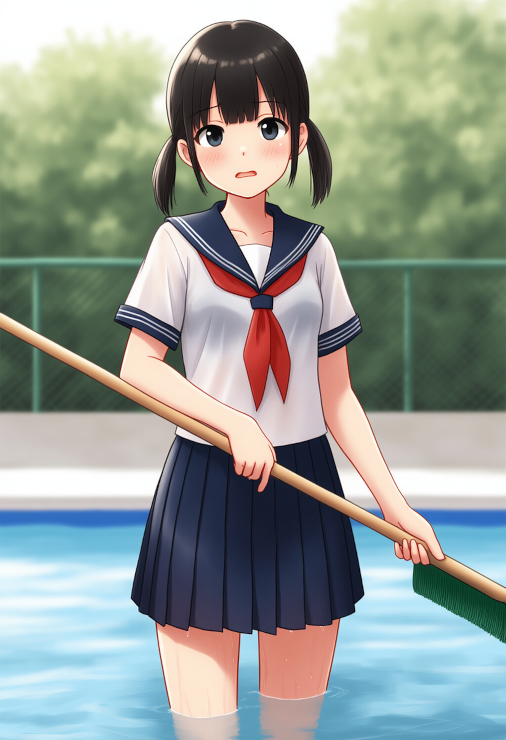 制服のままプール掃除