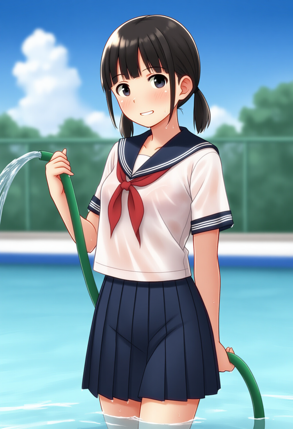 制服のままプール掃除