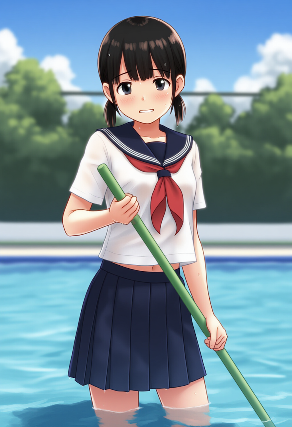 制服のままプール掃除