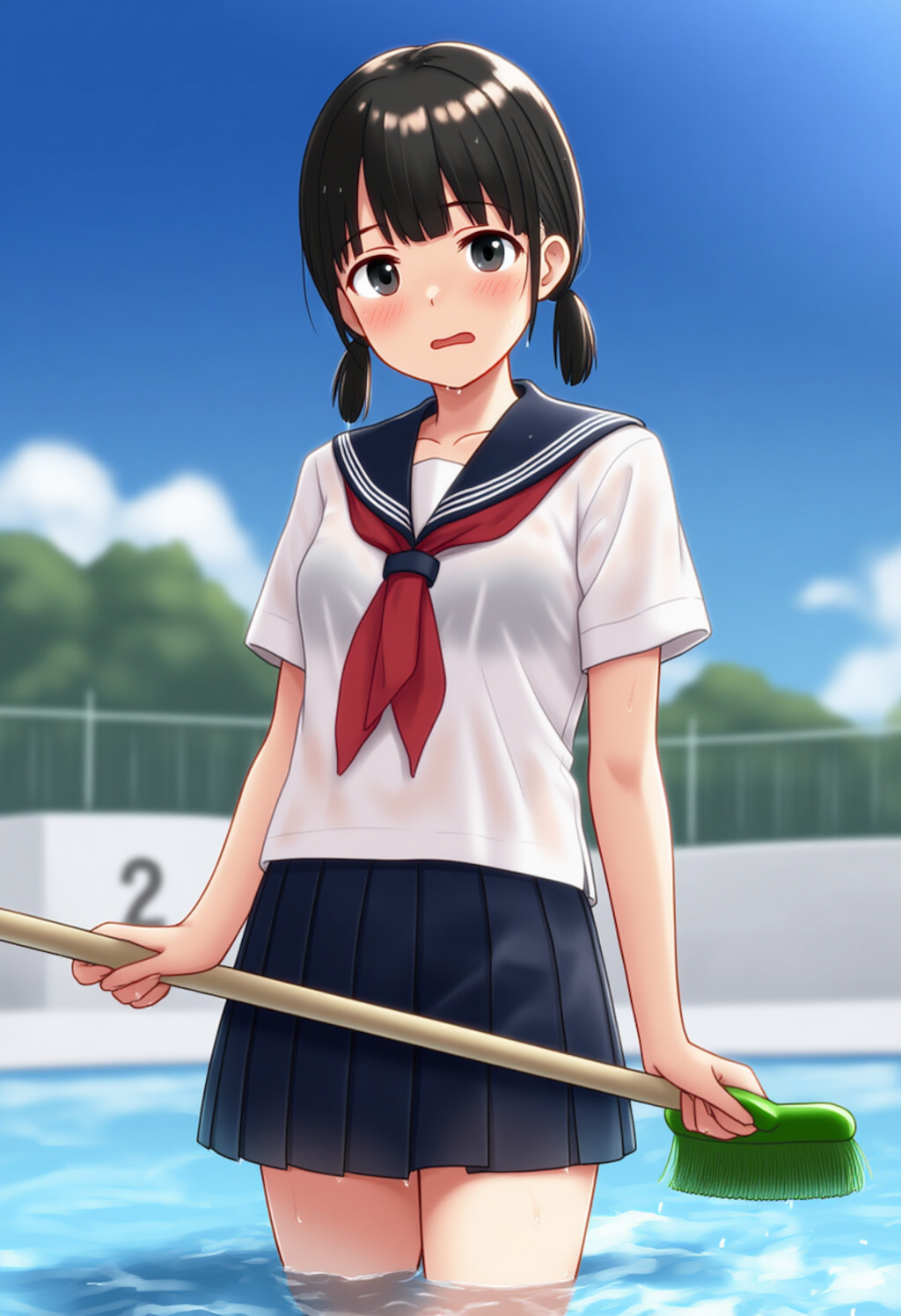 制服のままプール掃除