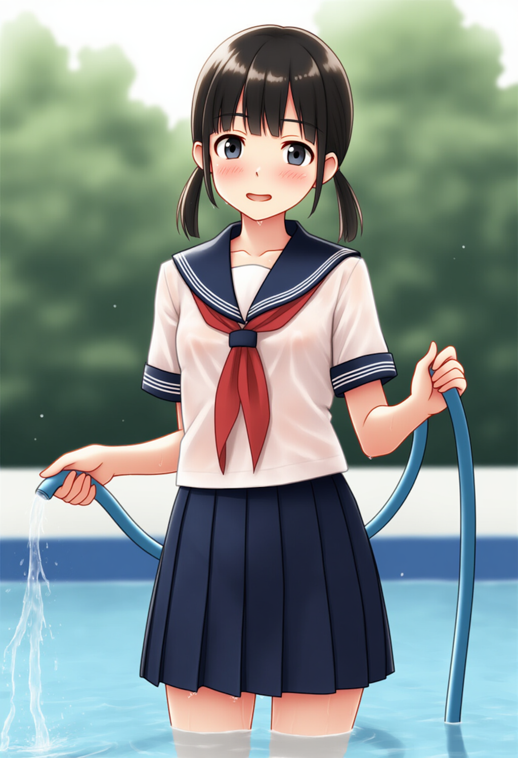 制服のままプール掃除