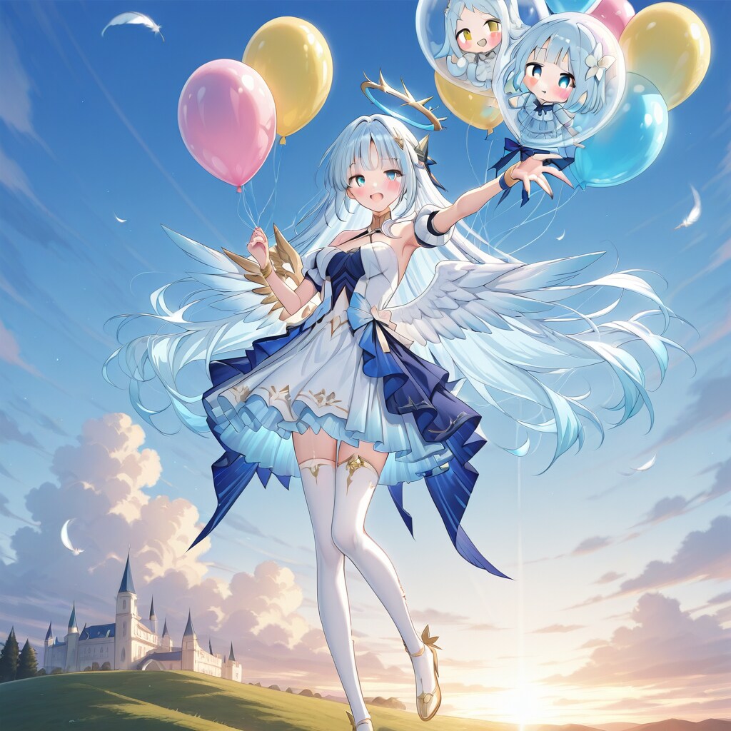 いっぱい風船を持つ水色髪ロングの天使の美女。