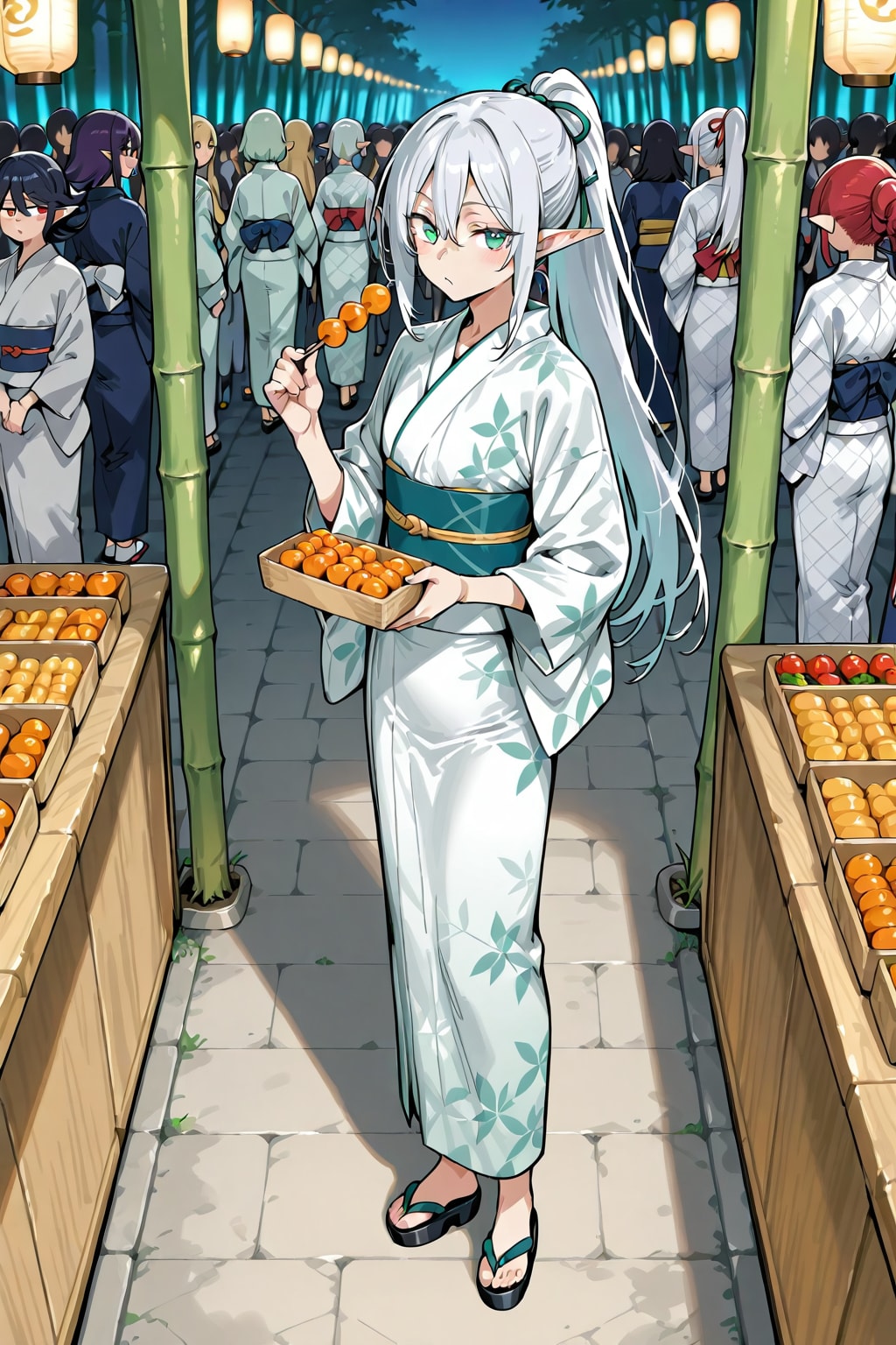 縁日に浴衣を着て団子を食べる銀髪エルフの女の子 | の人気AIイラスト・グラビア