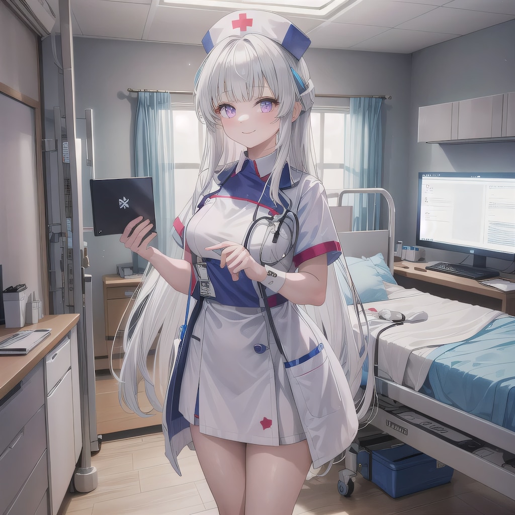 白髪ロングで看護服の少女