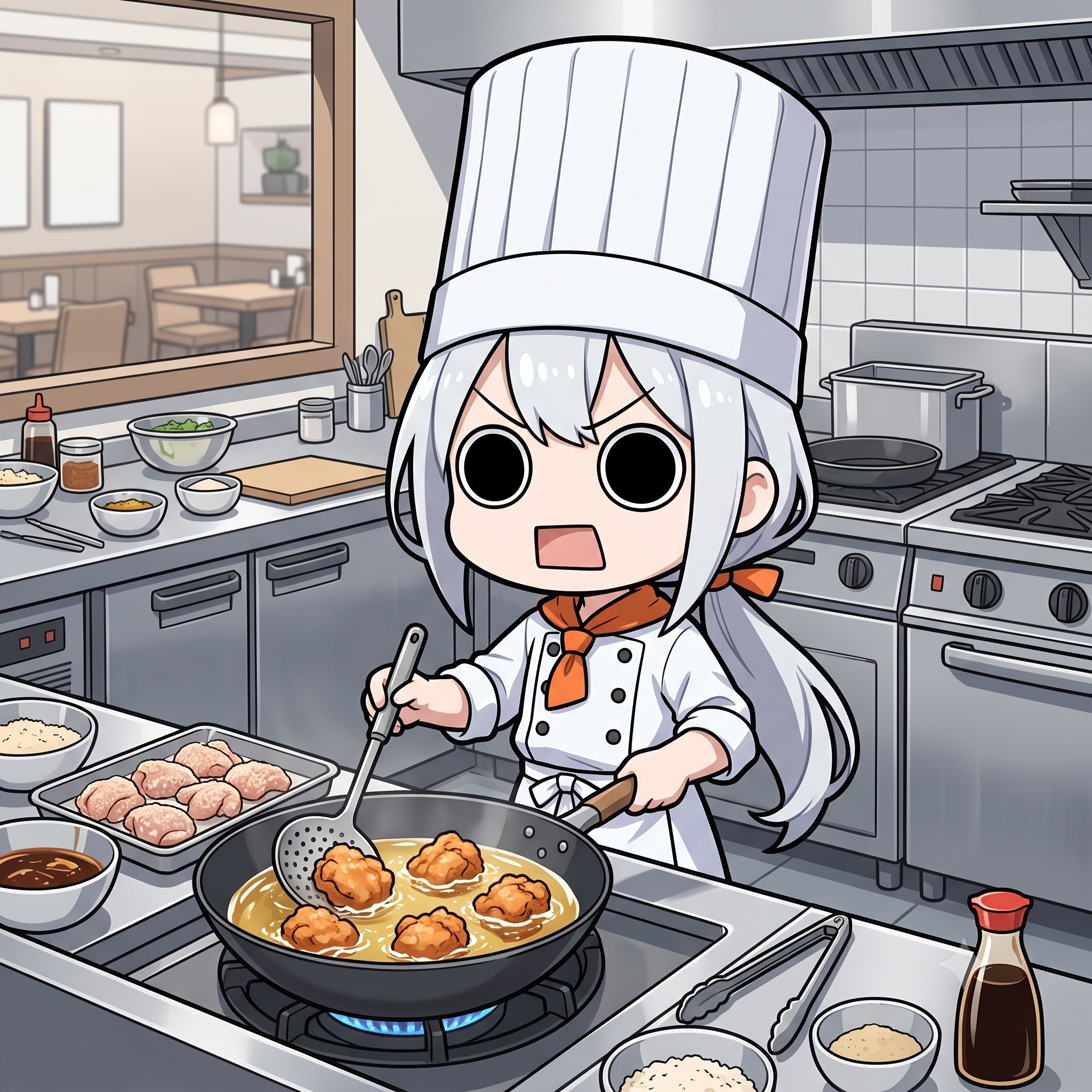 唐揚げを調理するえらいこっちゃ嬢
