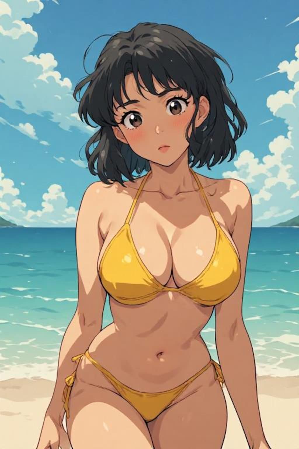 海にいるビキニのお姉さん