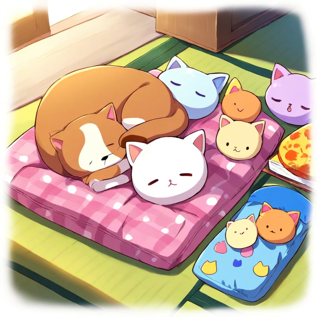 猫グッズに囲まれて寝る猫