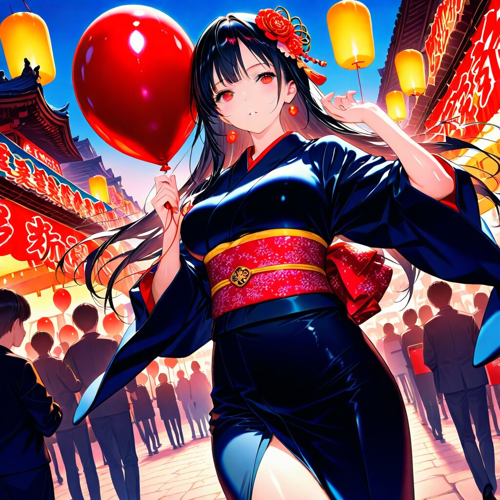 お祭り広場で赤い風船を持つ黒髪の着物美女 | の人気AIイラスト・グラビア