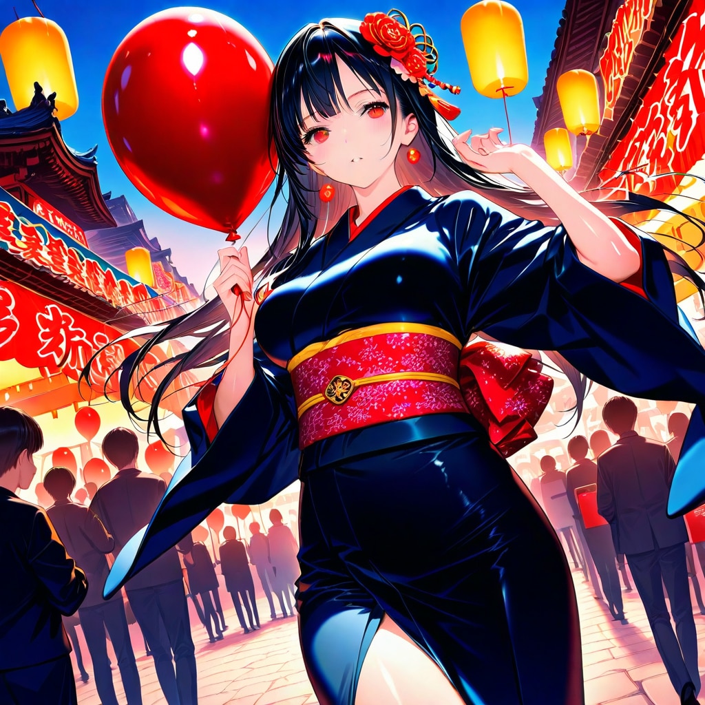お祭り広場で赤い風船を持つ黒髪の着物美女