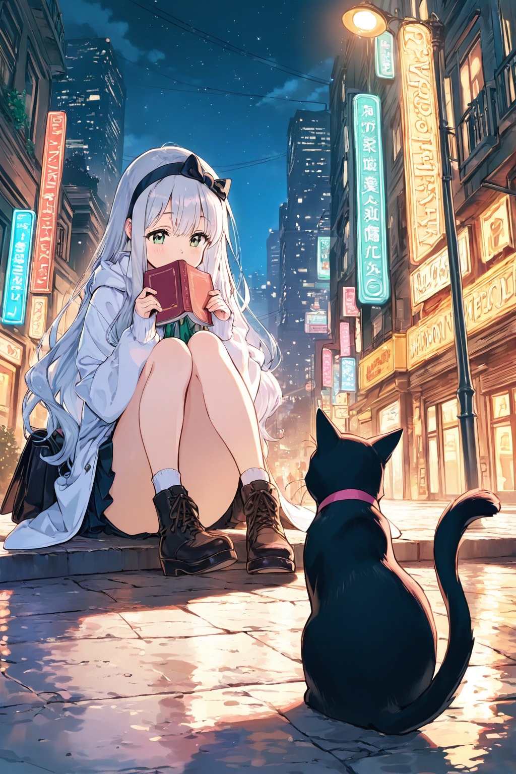 しゃがみ込んだ魔女と黒猫