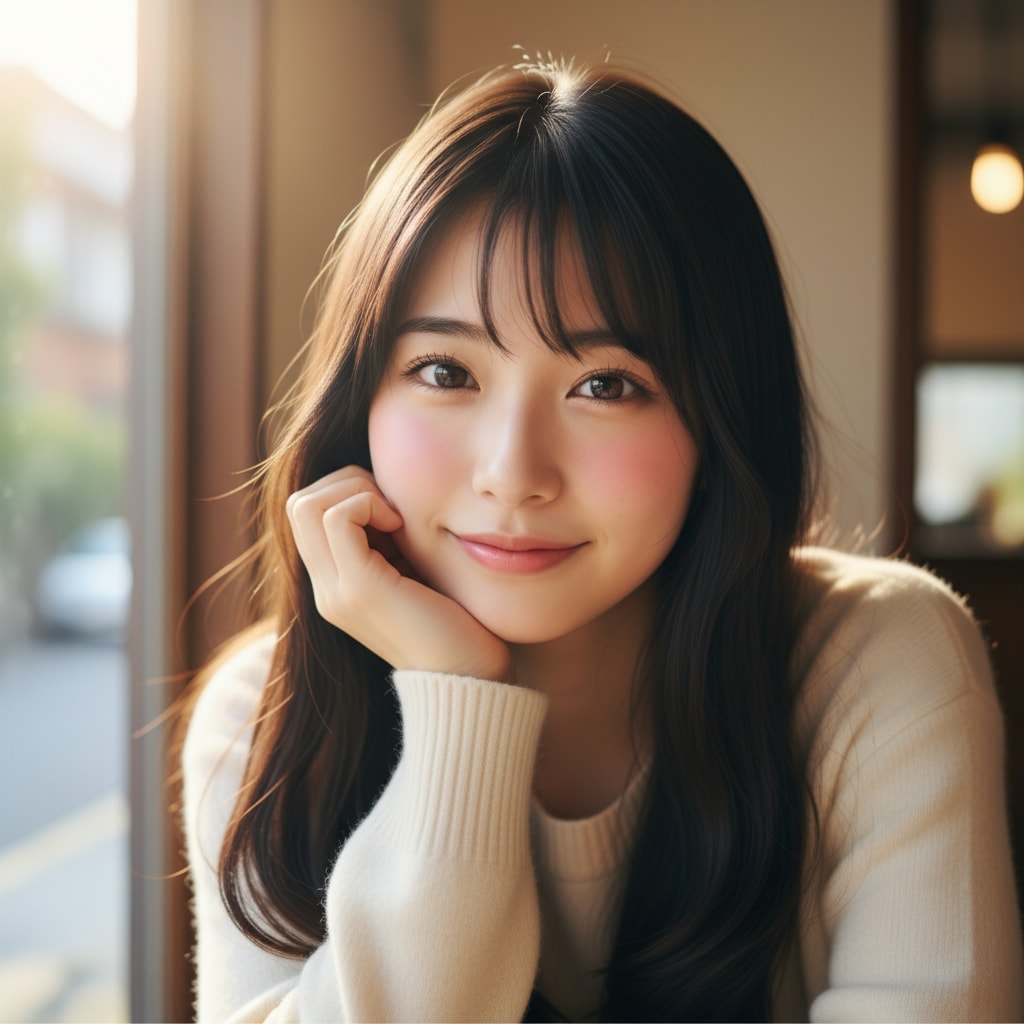 長い黒髪の日本人の美少女が恋をしている瞳でじっとこちらを見つめる写真、頬杖をついている