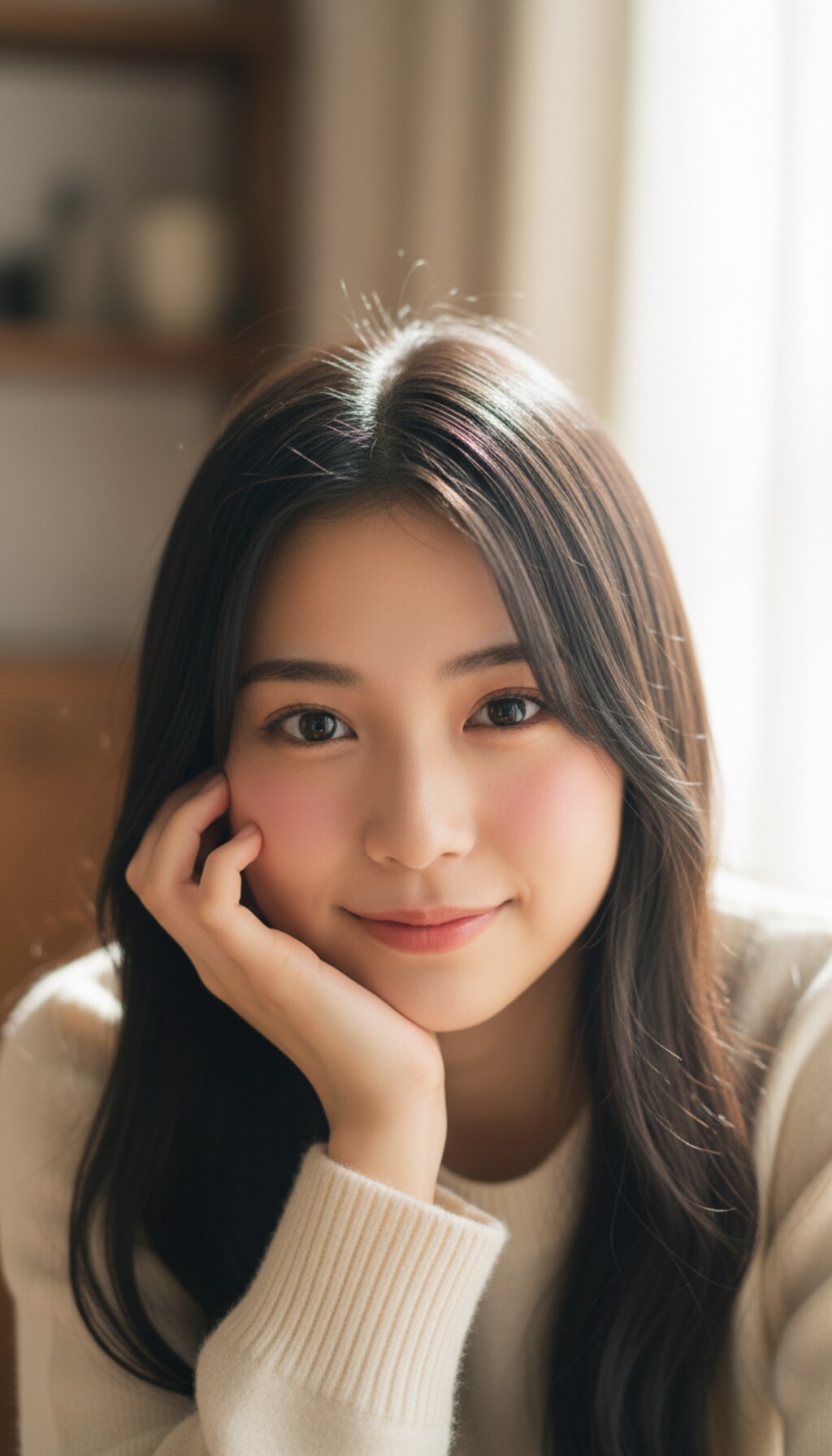 長い黒髪の日本人の美少女が恋をしている瞳でじっとこちらを見つめる写真、頬杖をついている