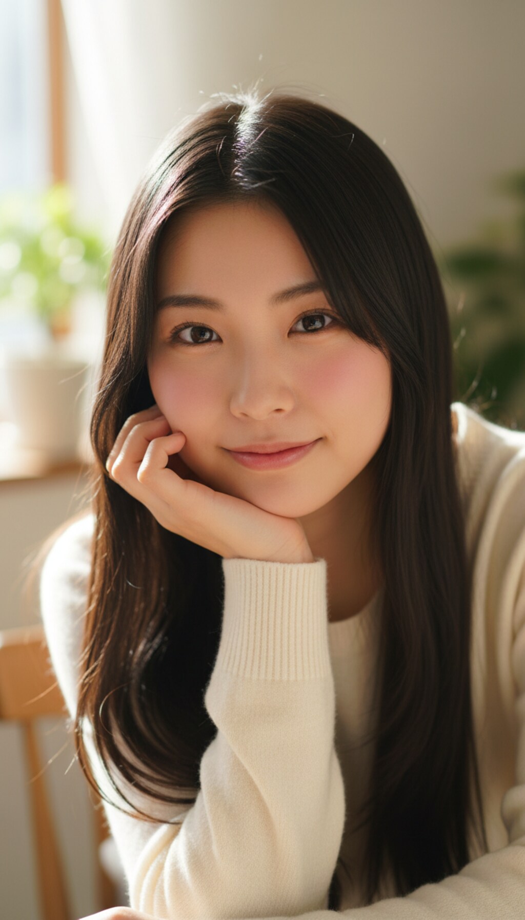 長い黒髪の日本人の美少女が恋をしている瞳でじっとこちらを見つめる写真、頬杖をついている